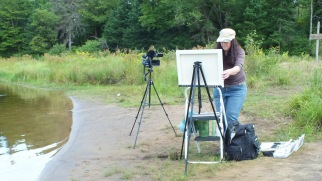Janine Marson painting on the Oxtongue River